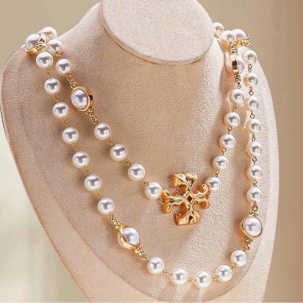 Tory Burch Elegant Gold and White Pearl Double-Strand Necklace NWT